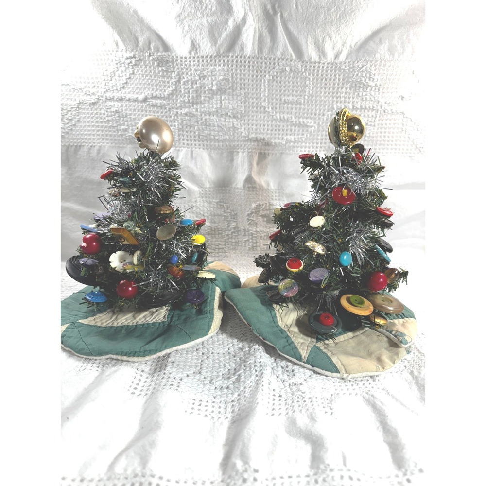 Set of 2 Handmade Vintage Button Christmas Trees Tinsel Quilted Base Folk Art